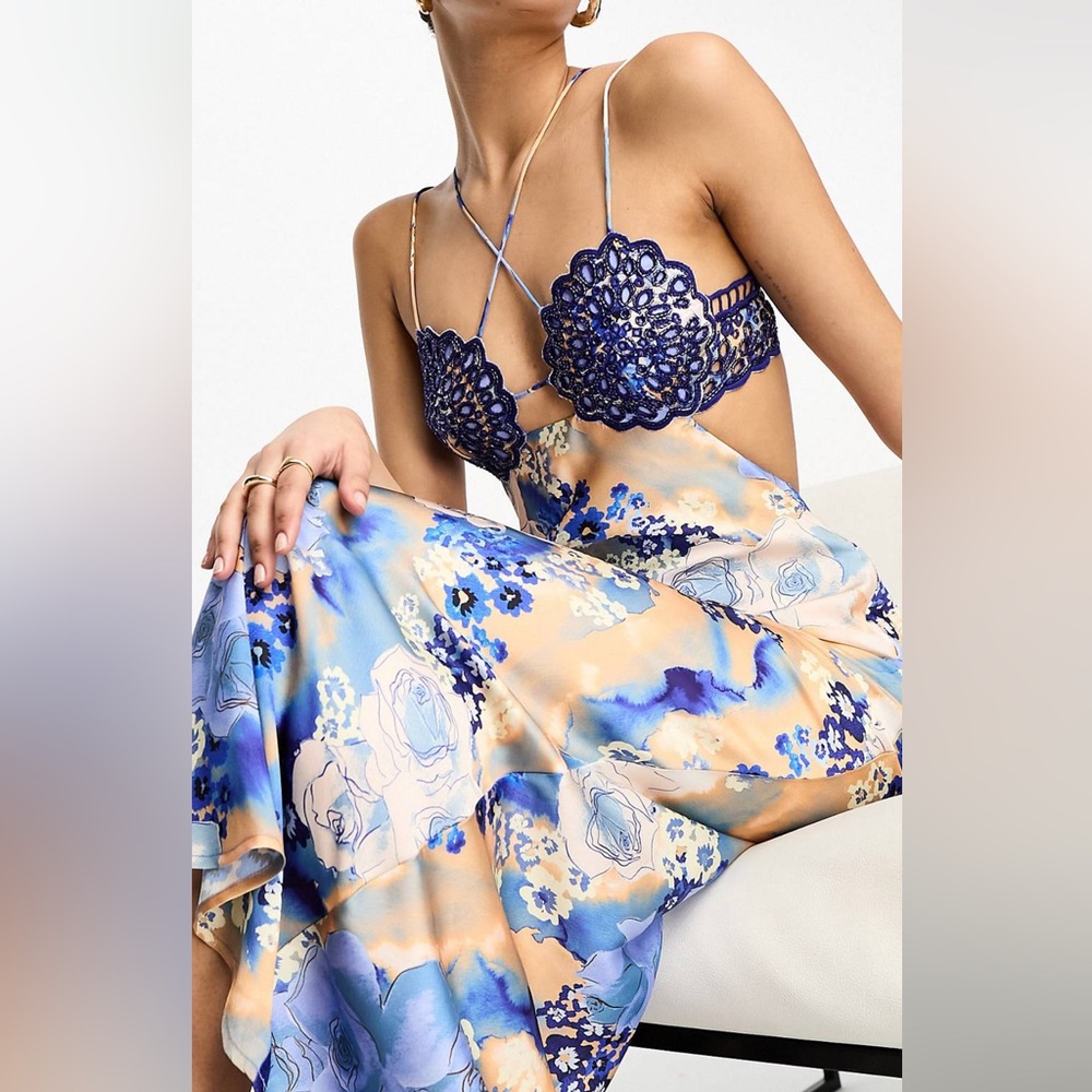 ASOS Design embellished crochet cut out satin midi dress